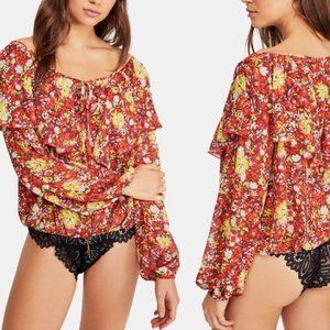Free People Floral Ruffle Long Sleeve Body Suit